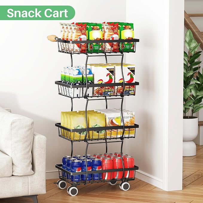 SAYZH 4-Tier Fruit Basket Stand with Vegetable Baskets for Kitchen, Black | Stackable Metal Wire Basket, Sturdy Rolling Storage Carts for Kitchen, Pantry Organizer, Snack and Jar Storage - Image 6