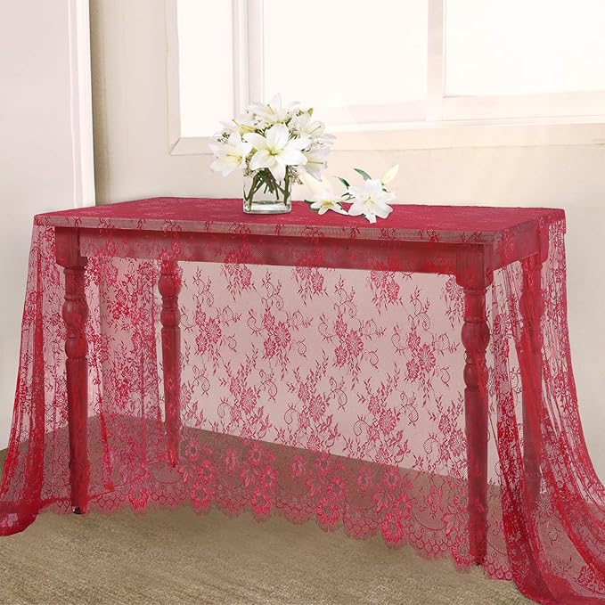 Red Lace Tablecloth Rustic Table Fabric 60x120 Inch for Wedding Christmas by LuoluoHouse