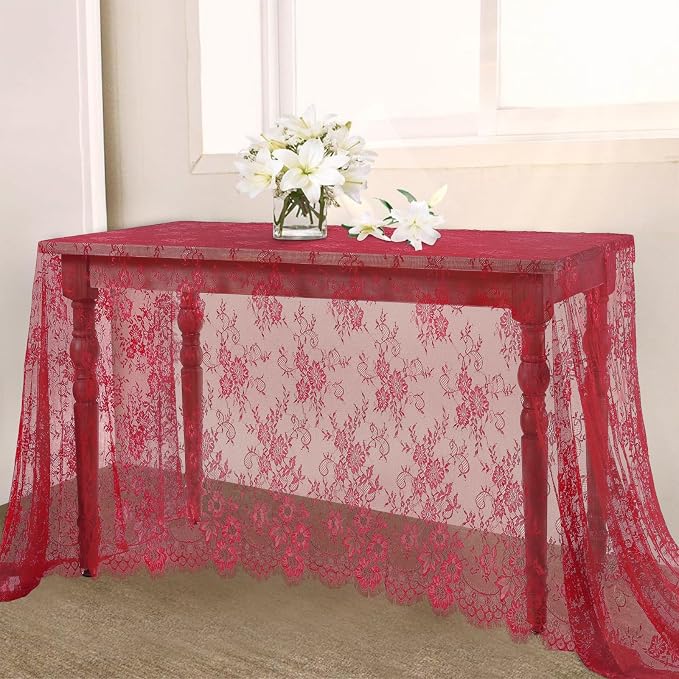 LuoluoHouse Red Lace Tablecloth 6pcs Rose Floral Table Fabric 60x120 Inch by LuoluoHouse