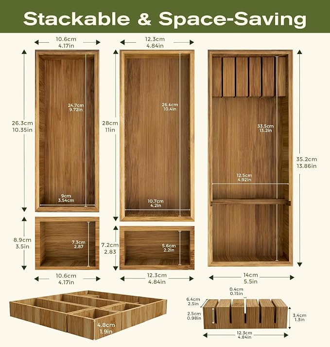 KOCWELL Bamboo Silverware Drawer Organizer with Knife Block, 5 Removable Drawer Organizer Bins - Multi-Use for Kitchen Utensils, Office, Makeup, Tools Storage - Image 3