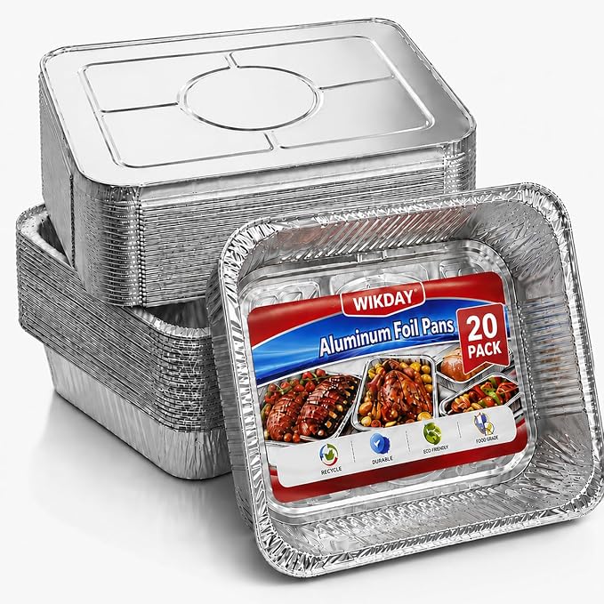 WIKDAY 20 Pack 9x13 Foil Pans with Lids Disposable Aluminum Pans | Disposable Baking Pans, Heavy Duty Food Containers, For Baking, Cooking, Roasting, Meal Prep, Parties, BBQ & Catering by WIKDAY