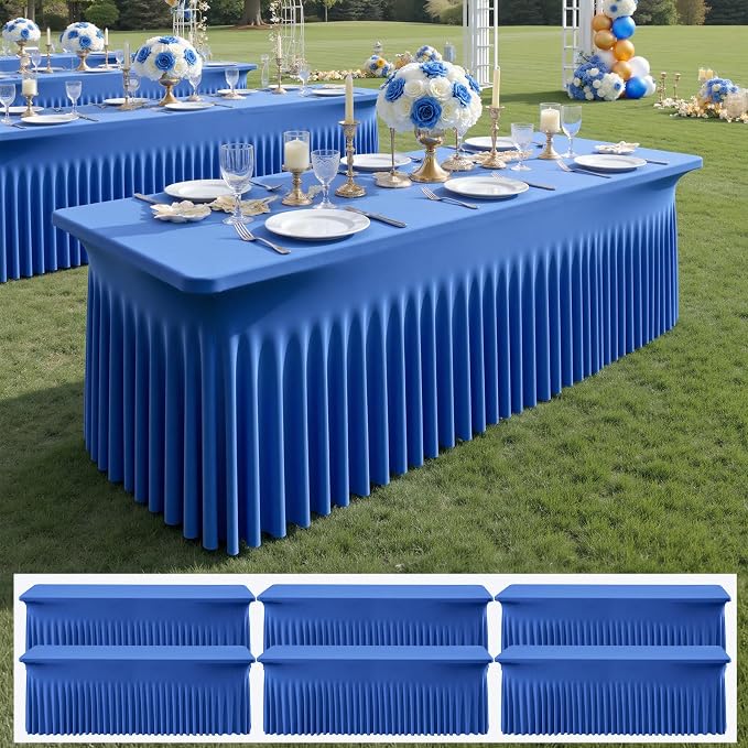 6 pk Royal Blue Spandex Tablecloths 8ft with Ruffle Table Skirt, Wrinkle Free Stretchy Fitted Tablecloth for 8 Foot Rectangle Tables, Elastic Spandex Table Covers 8ft for Party Wedding Banquet by ENJOYYOURPARTY