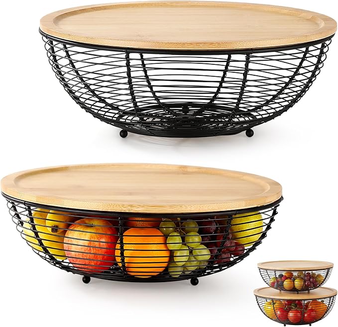 2 Set Stackable Fruit Basket with Bamboo Lid 11.5 &10.5 Inch Black Metal Wire Large Fruit Bowl for Kitchen Counter Pantry Organizer and Storage for Veggie, Snacks by Ferrochef