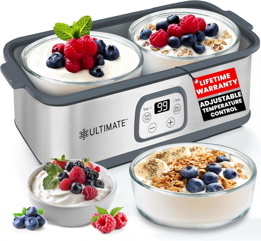 Ultimate Probiotic Yogurt Maker with Adjustable Time & Temp Control - Make Trillions of Live Probiotics with Two 1-Quart Containers for Larger Batches - Greek Yogurt Maker - ULTIMATE LIFETIME WARRANTY