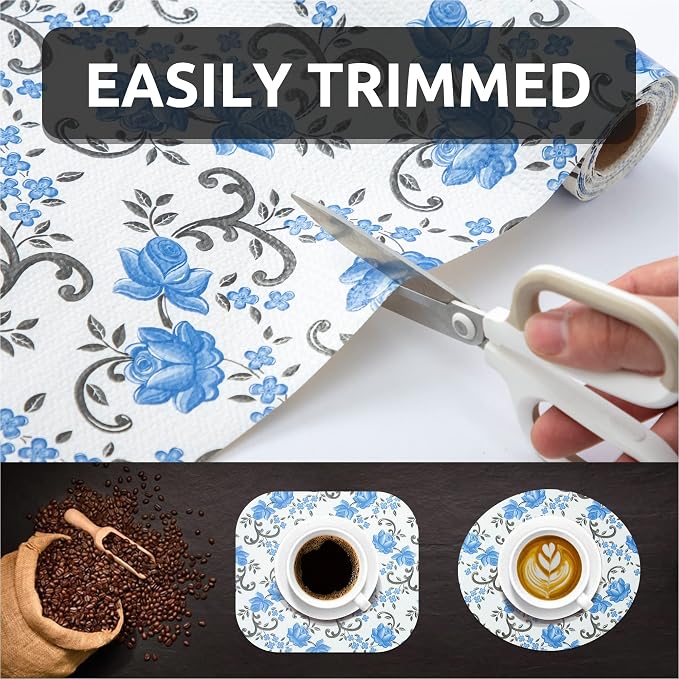 FIFTY FEET 18X96 Inch Shelf Liner for Kitchen Cabinets, PVC Drawer Liner for Dresser Non-Slip Bathroom, Non-Adhesive Cabinet Liner Washable (Blue Floral)(4 Roll) - Image 7
