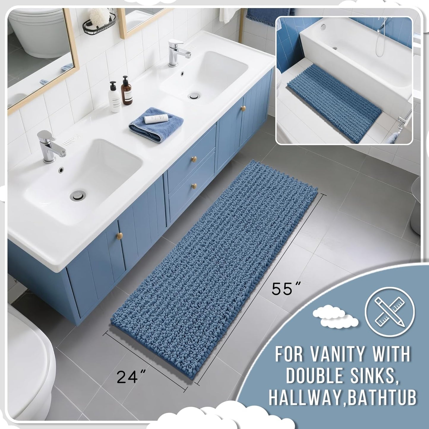 Yimobra Bathroom Runner Rug 55x24 Inch - Extra Long Non Slip Chenille Bath Mat, Soft & Absorbent, Machine Washable Shaggy Hallway Carpet for Vanity Tub Shower, Denim Blue Home Decor Accessories