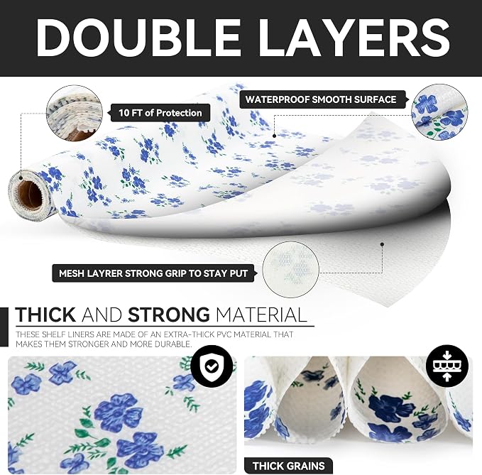 RAY STAR 12 Inch x 10 Ft Shelf Liner for Kitchen Cabinets, Non-Adhesive Cabinet Liner Washable, Drawer Liner for Dresser Non-Slip Bathroom [Blue Cream Floral](4 Rolls) - Image 5