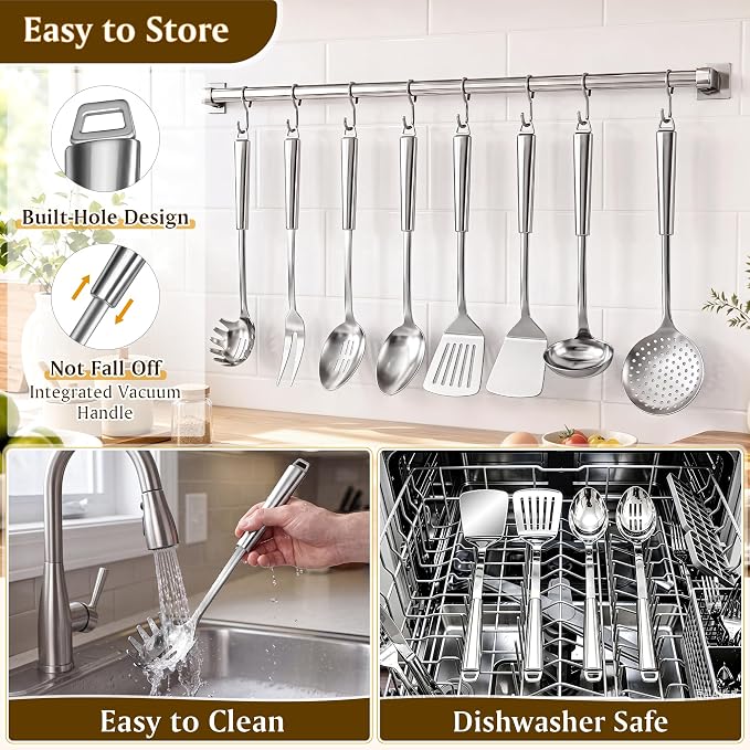 9 Pcs Cooking Utensils Set, 304 Stainless Steel Kitchen Utensils, Heat Resistant Metal Kitchen Tools Include Solid & Slotted Spatula, Serving Spoon, Ladle, Pasta Spoon, Fork, Tongs, Dishwasher Safe - Image 5