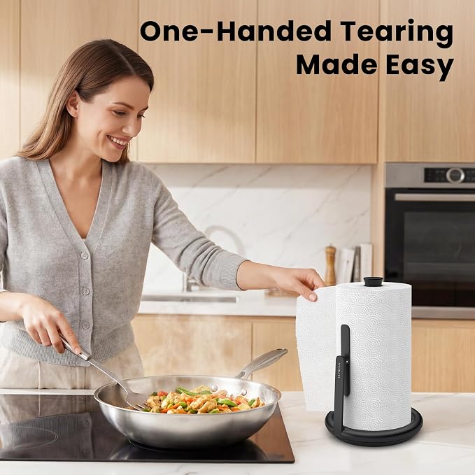 Ultrean Paper Towel Holder Countertop, Freestanding Paper Towel Dispenser with Spring-Loaded Arm for One-Handed Tear, Weighted Non-Slip Base, Stainless Steel for Kitchen, Black - Image 4