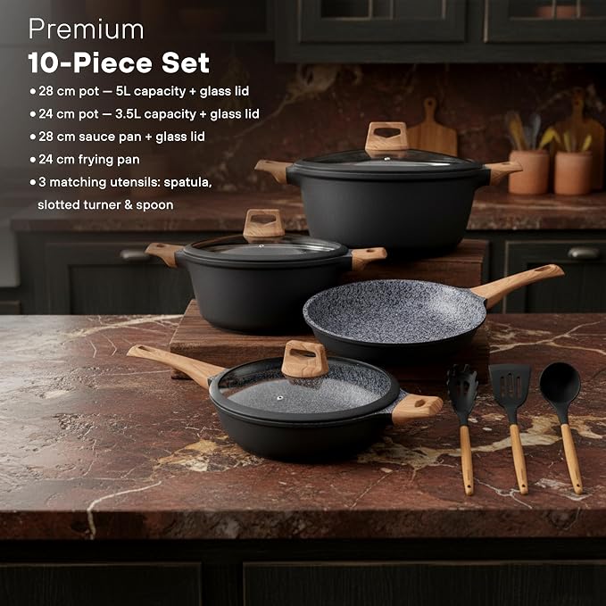 Kochstelle 10pcs Pots and Pans Set Nonstick with Wood Handles, Granite Cookware Set, Frying Pan, Saucepan and 3 Cooking Utensils - Image 2