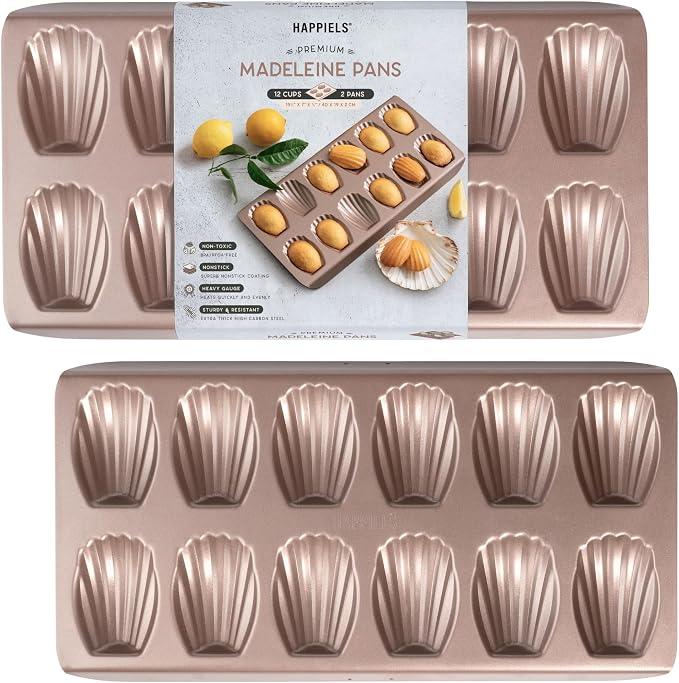 HAPPIELS 12 Well Madeleine Pan 2-Pack Nonstick, PFOA & BPA Free | | Non-Toxic - High Carbon Steel - Gold - Madeleines Cake Cookie Mold by HAPPIELS