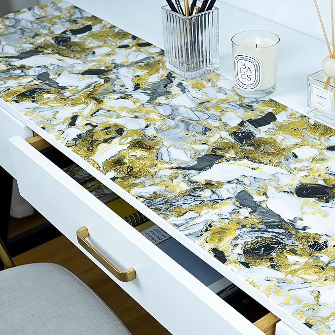 Drawer and Shelf Liner - Yellow Black Marble Pattern Non Adhesive - Image 2
