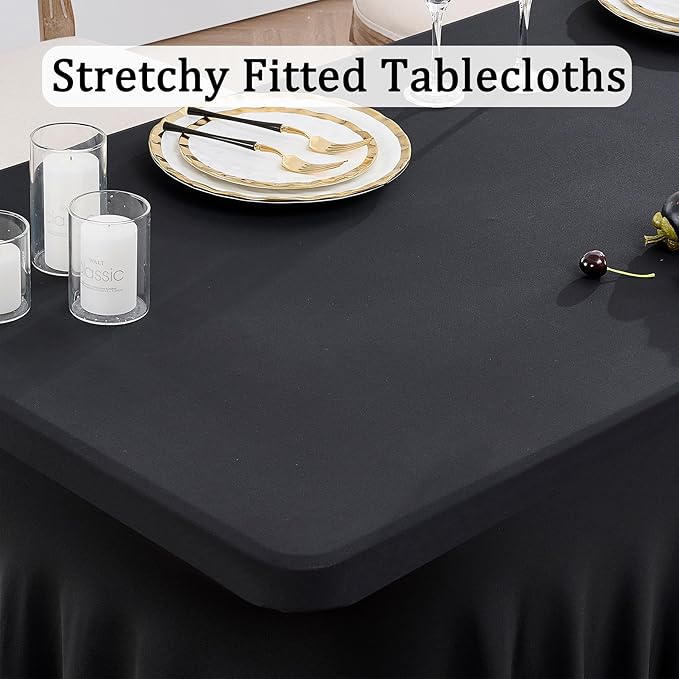 6 Pack Spandex Black Table Clothes for 6 Foot Rectangle Tables, Wrinkle Free Table Cloth Fitted Tablecover Stretchy Tablecloths with Skirt for Parties Wedding Banquet - Image 2