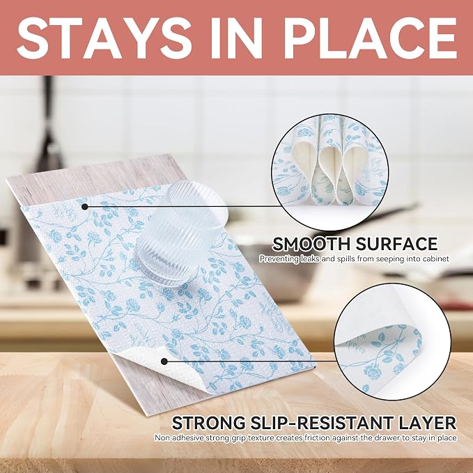 Shelf Liner, Non Adhesive Wisteria Blue Floral 12 Inch x 10 FT (2 Rolls) - Image 3