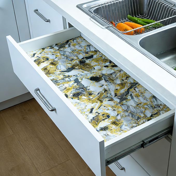 Drawer and Shelf Liner - Yellow Black Marble Pattern,Non Adhesive - Image 5