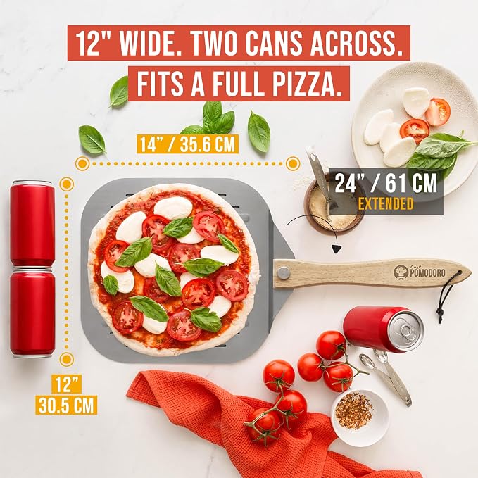 Chef Pomodoro Perforated Aluminum Pizza Peel 12x14 in Foldable Wood Handle | Metal Pizza Peel with Holes for Easy Release, Folds Flat for Storage, Great for Homemade Pizza & Artisan Bread - Image 2
