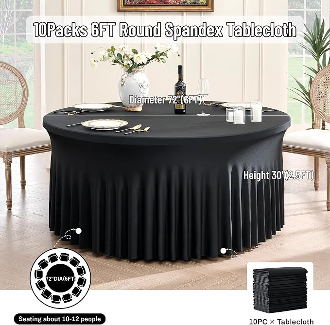 leegleri 10 Pack Spandex Black Round Tablecloths for 72in Table, Wrinkle Free Fitted 6FT Round Table Cover with Skirt for Wedding Birthday Party Bridal Shower Banquet - Image 3