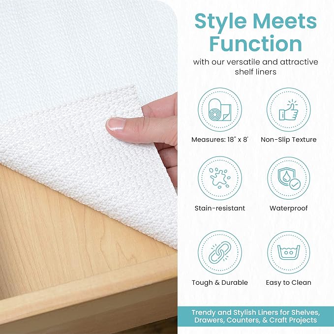 Con-Tact Brand Grip Prints Shelf Liner, Durable and Non-Adhesive Liners, Non-Slip Drawer and Cabinet Liner, 18" x 8', White, Pack of 4 Rolls - Image 3