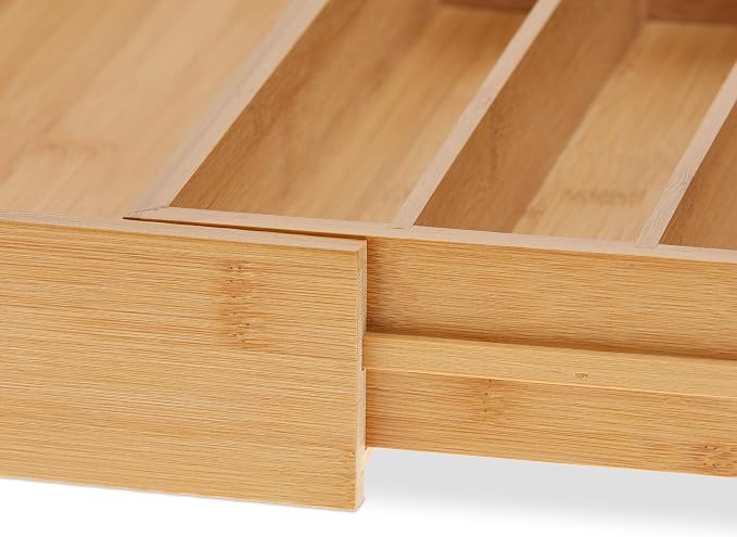 Relaxdays Cutlery Boxes, Expandable Bamboo Cutlery Tray, 7-9 Compartments, HxWxD: 5x29.5-47.5x38 cm, Natural - Image 6