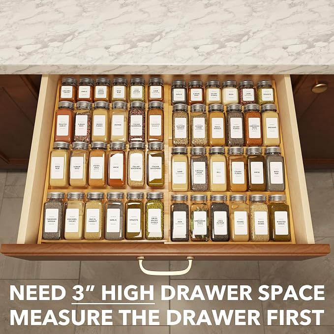 SpaceAid Bamboo Spice Drawer Organizer and Bamboo Drawer Dividers with Inserts and Labels, Kitchen Adjustable Drawer Organizers - Image 2