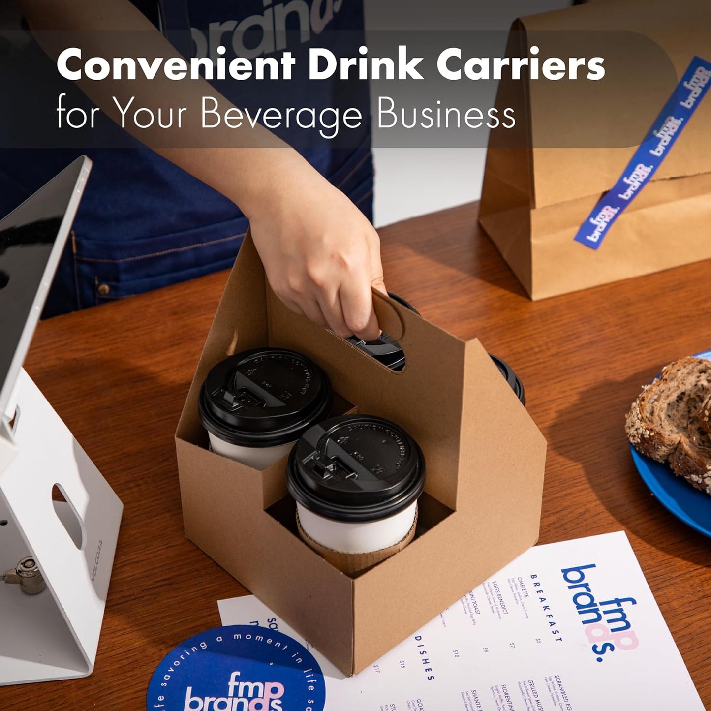 FMP Brands 4 Cup Disposable Drink Carrier with Handle, 25 Pack Kraft Paperboard Handled Drink Carriers 12-30 oz to Go Coffee Cup Holder, Cup Carrier for Cold Hot Drinks, Takeout, Cafe and Restaurant