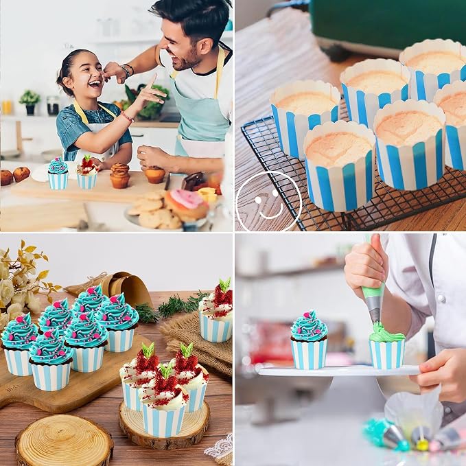 Cupcake Cases, 100PCS High Wall Cupcake Liners Baking Cups Heavy Duty Disposable Large Muffin Cases Liner greaseproof Paper Cup for Wedding Birthday Party Blue and White Stripes - Image 7
