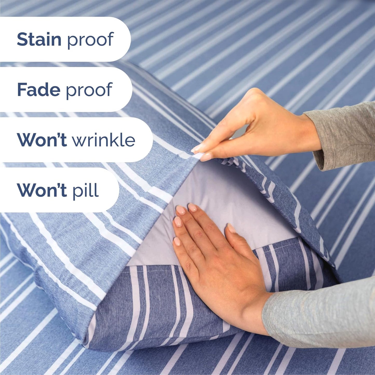 Queen Size 4 Piece Sheet Set - Comfy Breathable & Cooling Bed Sheets Set - Hotel Luxury Bedding for Women, Men, Kids, Teens, Boys & Girls - Deep Pockets, Soft, Wrinkle Free - Oeko-Tex - Blue Stripes 3