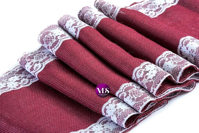 VDS Pack of 5, Burlap Table Runner with White Lace Edge, 100% Natural Jute Rustic Hessian Table Cloth Centerpiece for Wedding Birthday Party Banquet Table Decoration (Size 12X108 Inch)(Maroon) - Image 2