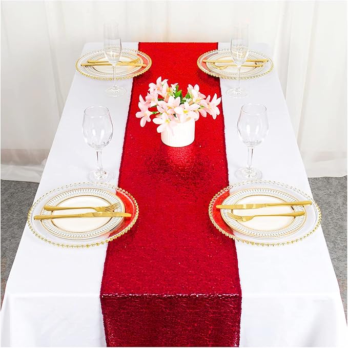Red Sequin Table Runner 12 Pack 12''x108 Glitter Table Runner - Image 2
