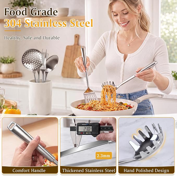 9 Pcs Cooking Utensils Set, 304 Stainless Steel Kitchen Utensils, Heat Resistant Metal Kitchen Tools Include Solid & Slotted Spatula, Serving Spoon, Ladle, Pasta Spoon, Fork, Tongs, Dishwasher Safe - Image 3