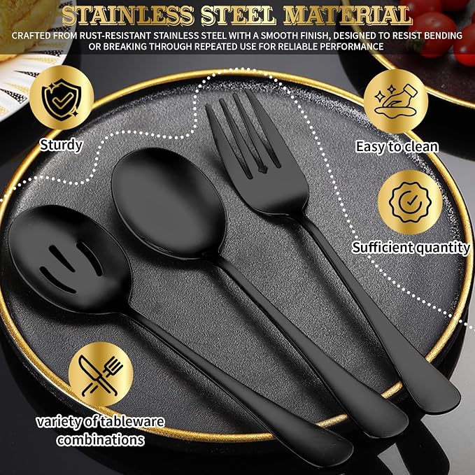 36-Piece Stainless Steel Serving Utensil Set – Complete Buffet Essentials with Spoons, Forks, Tongs, Ladle & More. Perfect for Wedding, Holiday, Catering, and Family Gatherings (Black) - Image 3