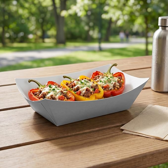 Restaurantware-Bio Tek 1 Pound Food Trays, 50 Disposable Paper Food Trays - Heavy-Duty, Greaseproof, Gray Paper Food Boats, For Snacks, Appetizers, Or Treats, Use At Parties Or Carnivals - Image 3