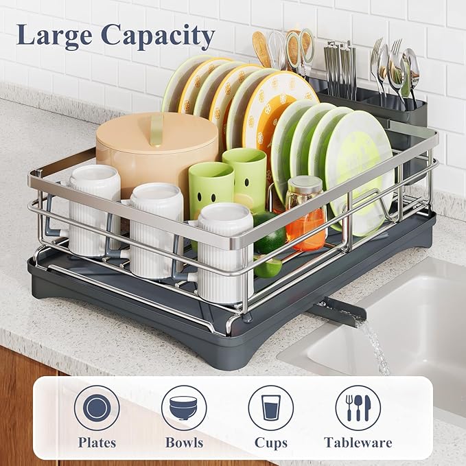 SAYZH Dish Drying Rack for Kitchen Counter with Utensil Holder, Silver - Image 2