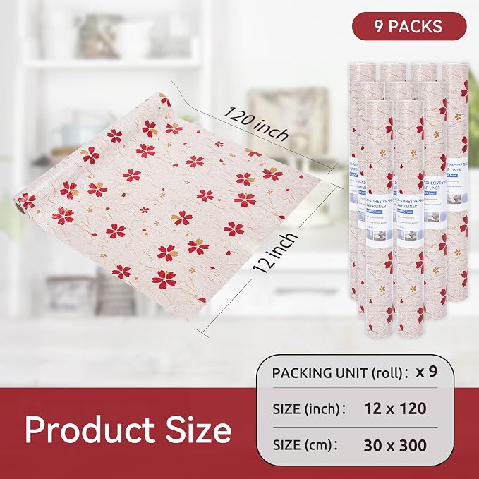 FIFTY FEET 12"x120" Non-Adhesive Shelf Liner for Kitchen Cabinets and Drawers, Washable Non-Slip PVC Cabinet Liner (Red Floral)(9 Roll) - Image 5