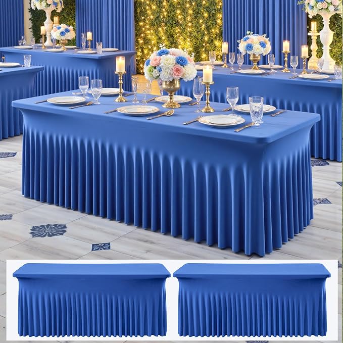 NSSONBEN 2 Pack Royal Blue Spandex Tablecloths 6ft, Wrinkle Free High Stretch Fitted Table Cloths for 6 Foot Rectangle Tables, Ruffle Skirt Spandex Table Covers 6ft for Party Wedding Banquet by ENJOYYOURPARTY