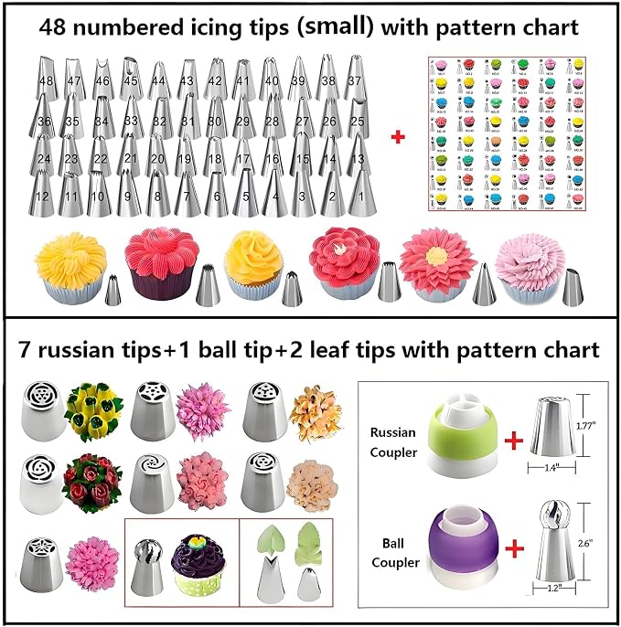 Cake Decorating Kit, 357 Pcs Baking Supplies | Aluminium Cake Turntable, Leveler, 50 Icing Tips, 8 Russian+Ball Tips, 2 Spatulas, 102 Pastry Bags, 109 Cupcake Liners & More - Image 3