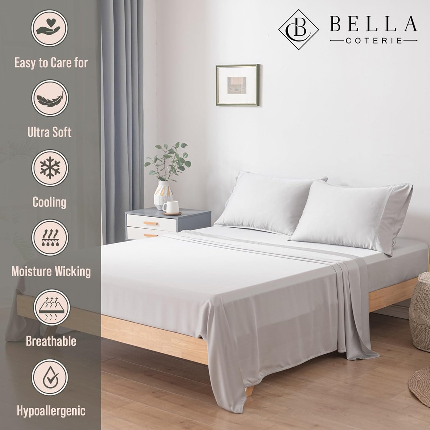 Bella Coterie Luxury Bamboo Viscose Twin XL Size Sheet Set | 100% Organically Grown | Ultra Soft | Cooling for Hot Sleepers | 18" Deep Pocket [Grey Mist]