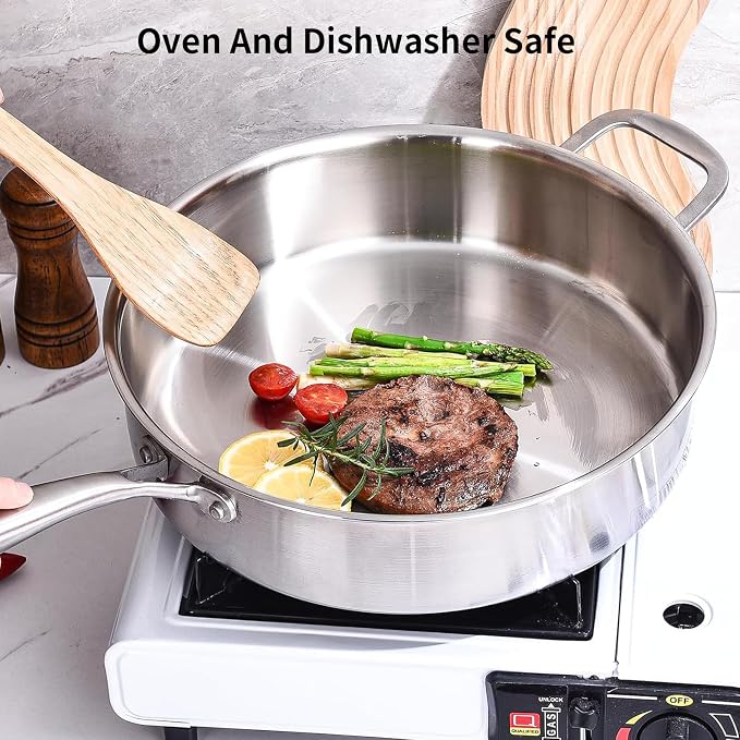 DELARLO Tri-Ply Stainless Steel 7QT Jumbo Cooker Saute Pan With Lid, 12.5 Inch Deep Frying Pan, Induction Large Skillet, Cooker Pan for Chefs, Dishwasher & Oven Safe - Image 6