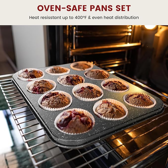 Terlulu 10-Piece Baking Pans Set, Bakeware Sets Nonstick, Baking Set for Oven Cooking, Stackable Carbon Steel Set Include Cookie Sheets, Muffin Pan, Cake Pan, Pizza Pan, Loaf Pan, Roasting Pan, Black - Image 4