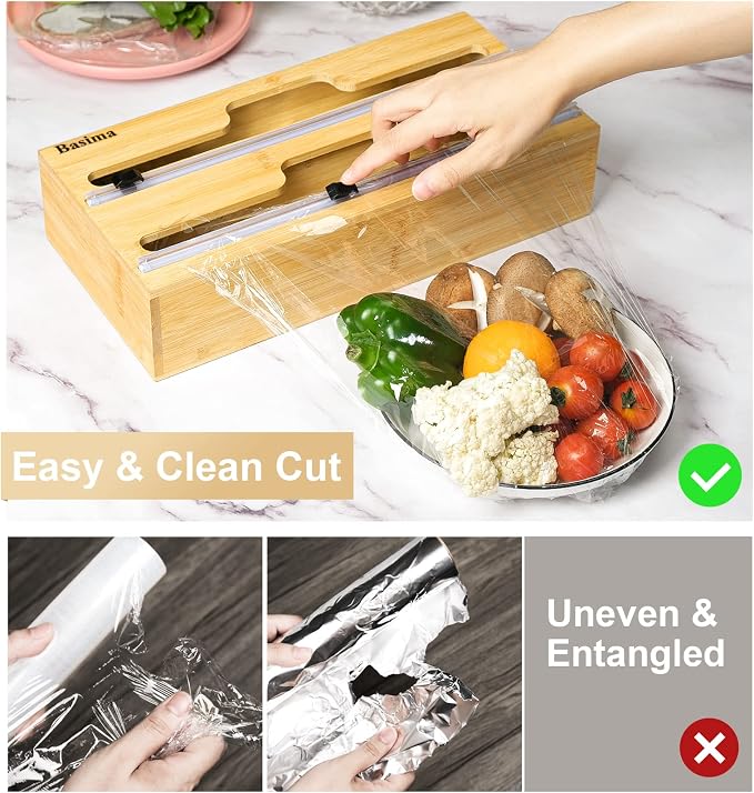 Plastic Saran Wrap Dispenser with Cutter, Basima Foil and Plastic Wrap Organizer, 2 in 1 Bamboo Aluminum Foil, Parchment and Wax Paper Organization and Storage for Kitchen Drawer, Fits 12" Roll - Image 2