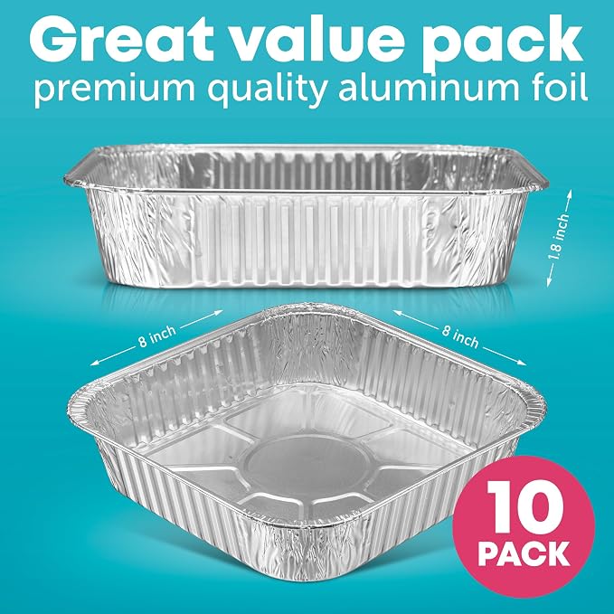 8x8 Disposable Aluminum Pans - 10 Pack Foil Pans For Cooking, Baking Cakes, Roasting & Homemade Breads - Disposable Food Containers - Image 3