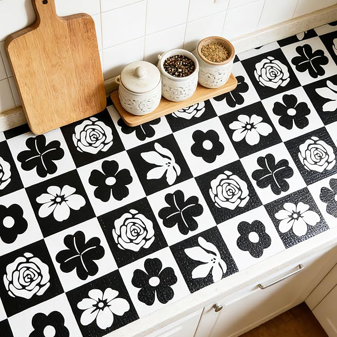 Shelf Liners Non Adhesive Non-Slip Black & White Checkerboard Floral - Image 4