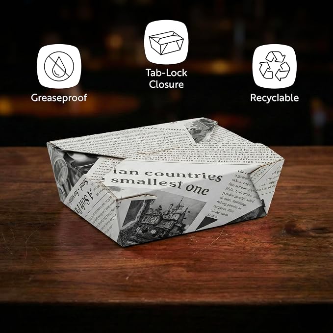 Restaurantware Bio Tek 45 Ounce Take Out Boxes 50 To Go Lunch Boxes - Tab-Lock Closure Heat-Tolerant Newsprint Paper Disposable Lunch Boxes Greaseproof For Hot And Cold Foods - Image 4
