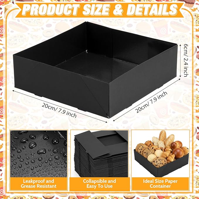 Chinco Black 100 Pcs 7.9 x 7.9 x 2.4 Inch 4 Corner Pop Food Tray Kraft Paperboard Disposable Foldable Cardboard Food and Drink Stadium Containers Movie Night Snack Trays Fries Holder Carrier - Image 2