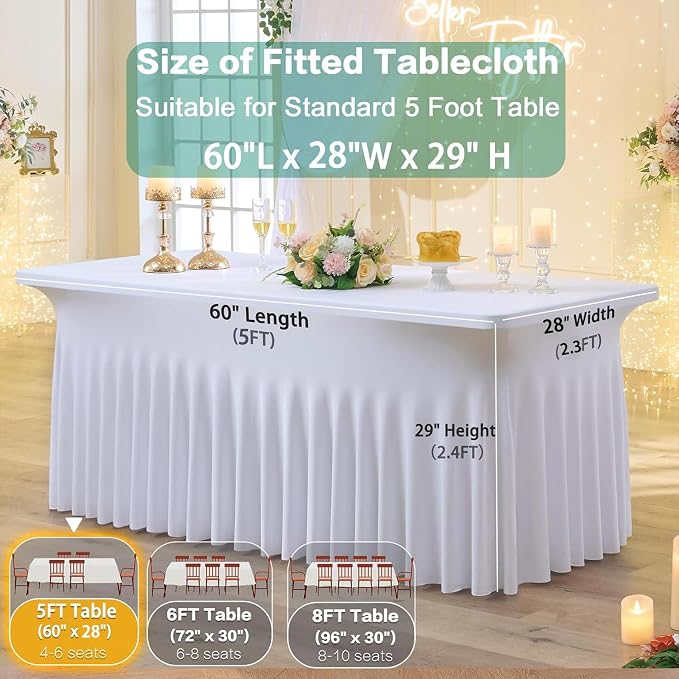 4 Pack White Spandex Tablecloth for 5 Foot Rectangle Tables, Wrinkle Free Fitted Table Clothes Cover 5ft Stretchy Tablecloths with Skirt for Parties Weddings Birthday Banquet Baby Shower - Image 5