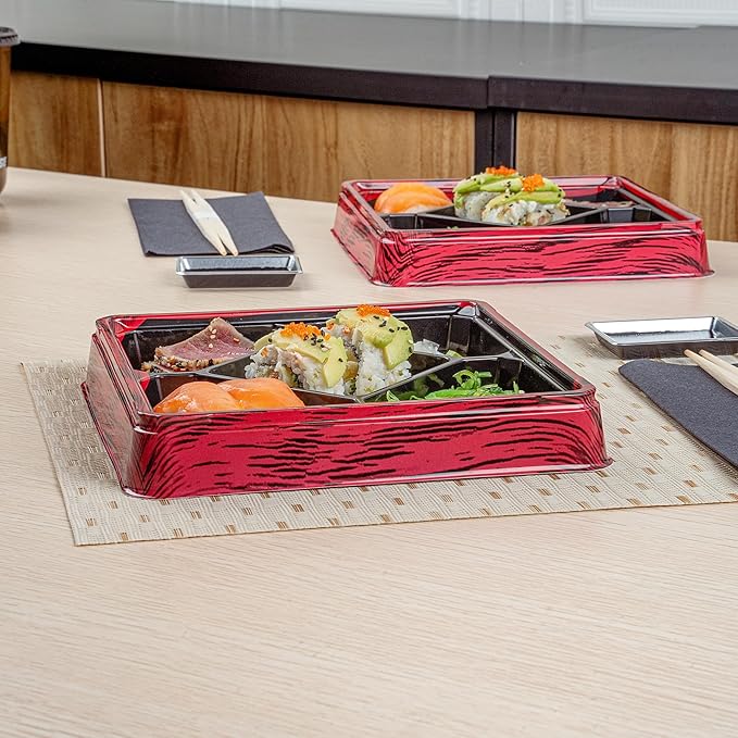 Restaurantware Bento Tek 18.6 Ounce Meal Prep Containers, 100 Disposable To Go Food Boxes - Lids Sold Separately, 5 Compartments, Red And Black Plastic Bento Lunch Boxes, Freezable, For Take Out - Image 6