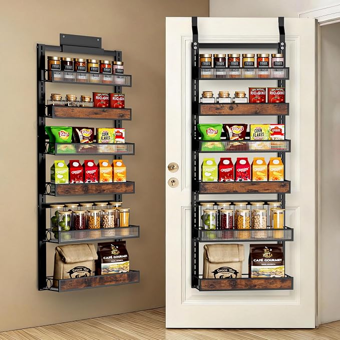 6 Tier Pantry Door Organizer Spice Rack, 2-IN-1 Wall Mount or Hanging Over Door Seasoning Organizer with Adjustable Baskets, Heavy Duty Behind Door Storage Shelves for Pantry, Cabinet and Kitchen by Clothink