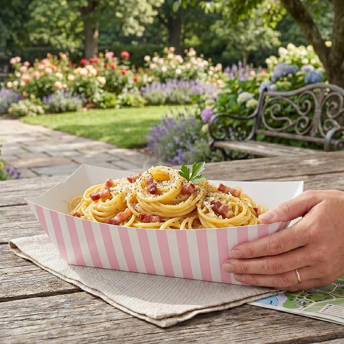 Restaurantware-Bio Tek 1 Pound Food Trays, 50 Disposable Paper Food Trays - Heavy-Duty, Greaseproof, Striped Paper Food Boats, For Snacks, Appetizers, Or Treats, Use At Parties Or Carnivals - Image 5