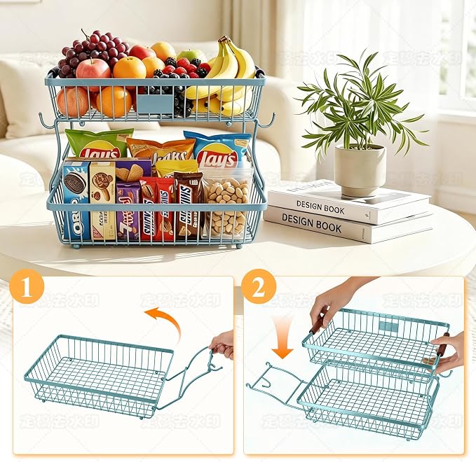 2-Tier Stackable Wire Basket with 2 Banana Hooks, Pantry Organizer for Kitchen Countertops, Cabinets & Under-Sink Spaces; Ideal for Storing Snacks, Fruits, Veggies, Onions, Potatoes, & More,Blue - Image 2