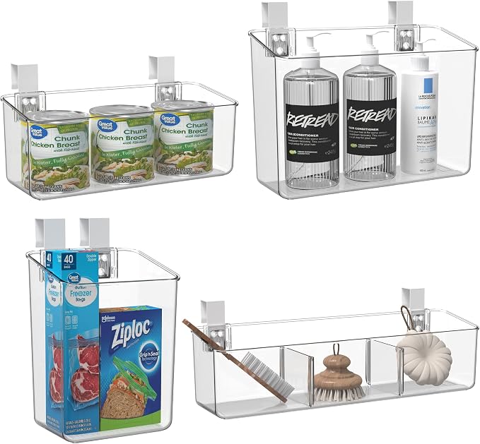 vacane Hanging Basket with Removable Hooks, Plastic Over Cabinet Door Organizer for Organizing Over the Cabinet Organizer Holder for Kitchen, Pantry, Bathroom-Hang Outside or Inside Door-4 Pack by vacane